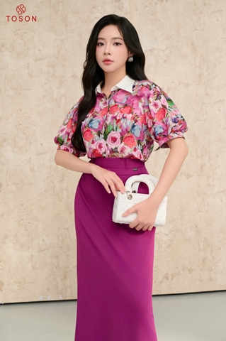 11092H65 - Áo lụa họa tiết cố phối