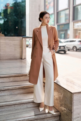 99004E34 - Áo dạ lông cừu Be tà bong, cổ K lé phối