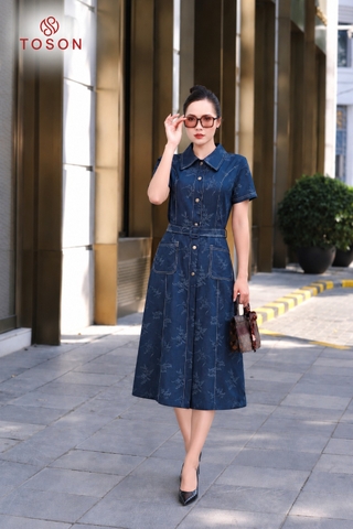 JDC92X96 - Đầm denim họa tiết diễu chỉ trắng