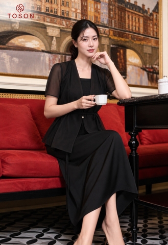 B1427B66 - Bộ đen: áo tơ khoác+ Đầm lụa 2 dây