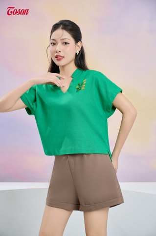 13074X83 -Áo xanh linen croptop thêu hoa ngực Limitted....