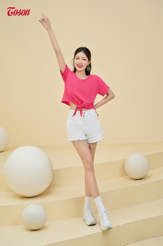 AP005P93 - Áo cotton hồng sen, tay rộng dáng croptop buộc nơ.