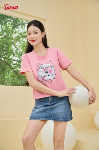 AP006Y63 - Áo cotton croptop hồng pastel in hình hoa in Love you.