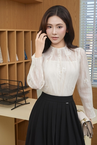 14179E66 - Áo cổ leo tơ ép ren 2 lớp