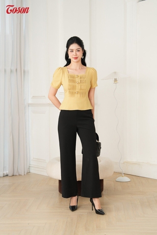 21003B63 - Quần ống suông trượt hàn đen, cạp đính cúc.