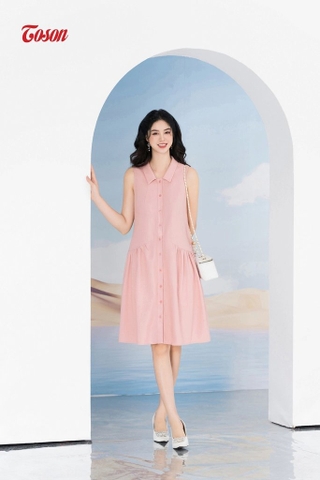 44066P94 - Đầm linen hồng sát nách, dáng xòe nhún cắt chéo.