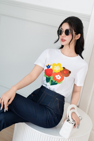 AP537W24 - Áo cotton trắng in hình bông hoa sắc màu