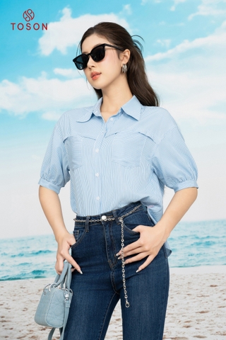 10055K15 - Áo thô kẻ xanh, cổ đức form rộng
