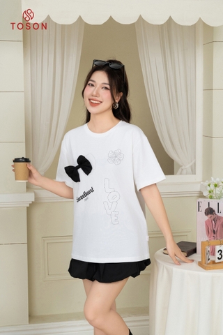 AP546W24 - Áo cotton trắng rộng in hình đính nơ