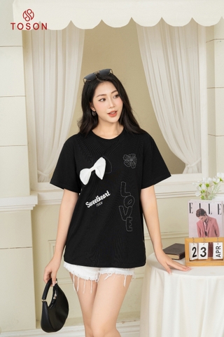 AP546B24 - Áo cotton đen rộng in hình đính nơ