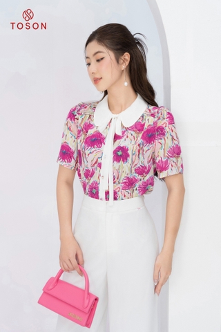 12070H14 - Áo lụa silk họa tiết cổ thắt nơ phối trắng
