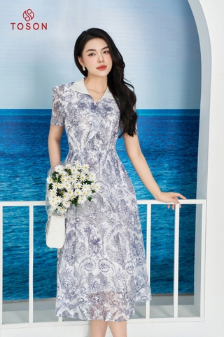 40063W14 - Đầm xếp ly tơ trắng in hoa, phối cổ