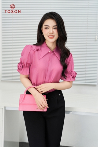 11075P24 - Áo lụa hồng cổ đức tay đính bông hoa