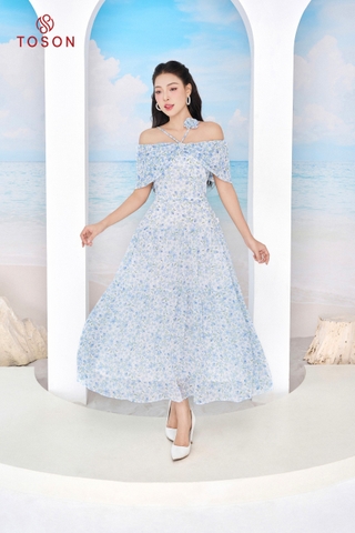 48100X95 - Đầm maxi trễ vai. voan hoa nhí xanh
