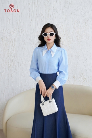 12526K94 - Áo thô xanh kẻ cổ đức phối trắng