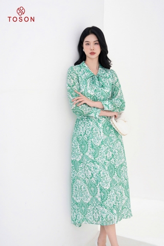 44638H94 - Đầm silk họa tiết, cổ đức buộc nơ