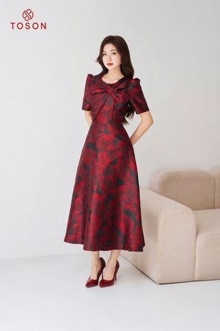 49535D14- Đầm tapta bamboo xoè cổ phối nơ