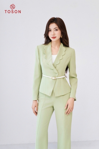S8258X24 - Bộ vest xanh: Vest thắt đai cổ lượn sóng + quần.