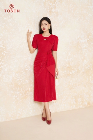 49502D94 - Đầm tiệc đỏ, eo xếp ly đính hoa TT