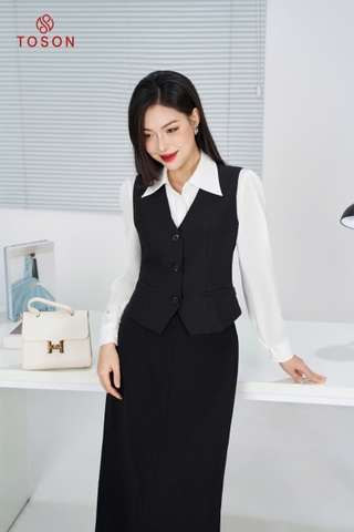 19010B95 - Áo gile đen tuýp si đính cúc trang trí