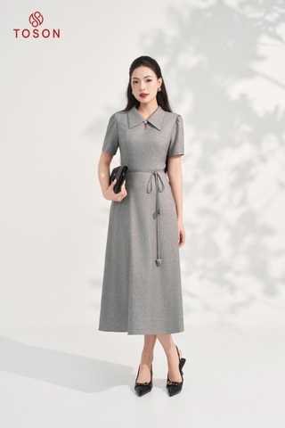 43011G95 - Đầm đũi ghi cổ sam, eo thắt nơ hoa