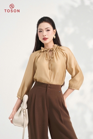 11004N95 - Áo tơ nâu tay bồng cổ đính hoa