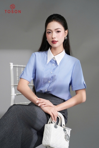 12037K95 - Áo kẻ xanh thô, cổ phối trắng