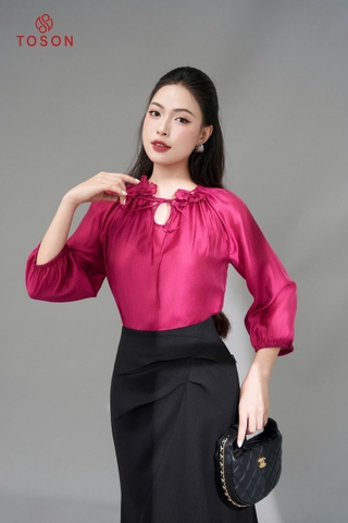 11004P95 - Áo tơ hồng sen tay bồng cổ đính hoa