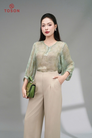 14003J35 - Áo tơ xanh chấm bi
