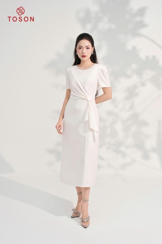 43015W95 - Đầm xước nhật trắng nơ eo, cổ đính TT