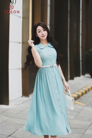 42109X14 - Đầm xòe sát nách, tơ xanh nhăn