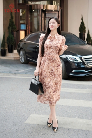 43032N35 - Đầm xòe cổ đức, tơ nâu in họa tiết
