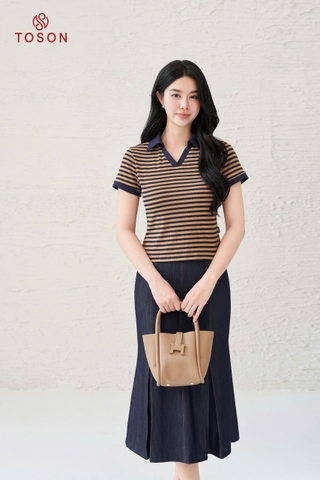 AP416K35 - Áo cotton kẻ nâu cổ phối tím than