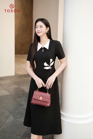 46018B95 - Đầm đen phối trắng, đũi nhật eo đinh hoa