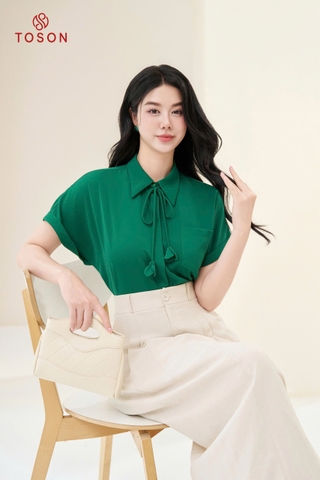14038X95 - Áo lụa xanh cổ buộc nơ hoa