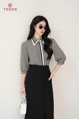 12020K95 - Áo kẻ đen trắng lụa silk cổ đức