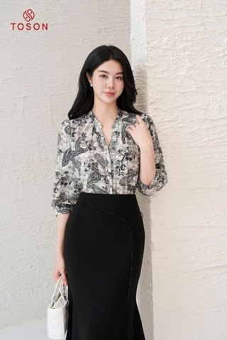 11089H95 - Áo silk họa tiết cổ tàu V