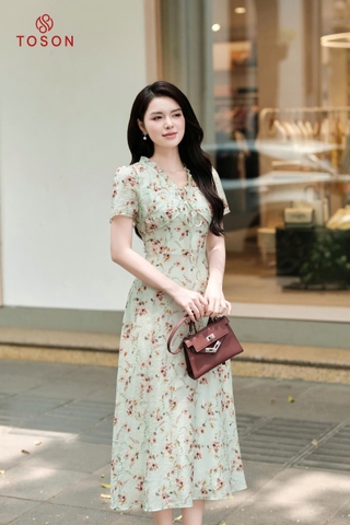 43058X95 - Đầm tơ xanh in hoa cổ nhún bèo