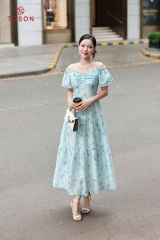 48067H65 - Đầm xòe tơ hoa xanh trễ vai