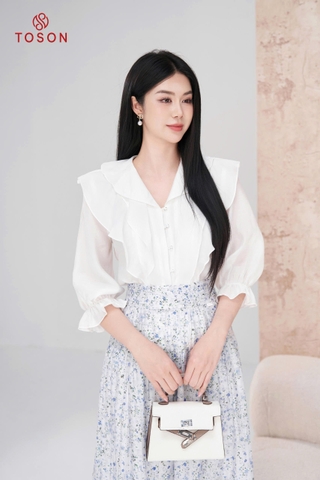 14032W95 - Áo lụa tơ trắng xếp bèo