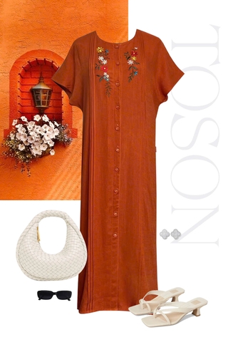 46092C35 - Đầm suông linen cam thêu hoa