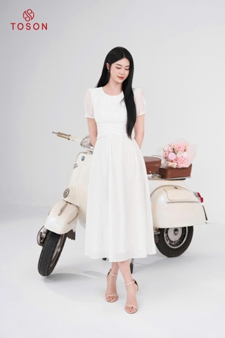 44068W95 - Đầm xoè tơ trắng eo xếp nhún