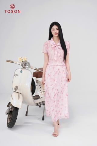 B1323H95 - Bộ tơ hồng in hoa: Áo cổ nơ + CV xòe