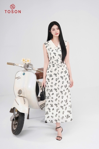 44066W65 - Đầm tơ trắng kem in hoa hồng xếp nhún