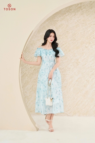 48067H65 - Đầm xòe tơ hoa xanh trễ vai