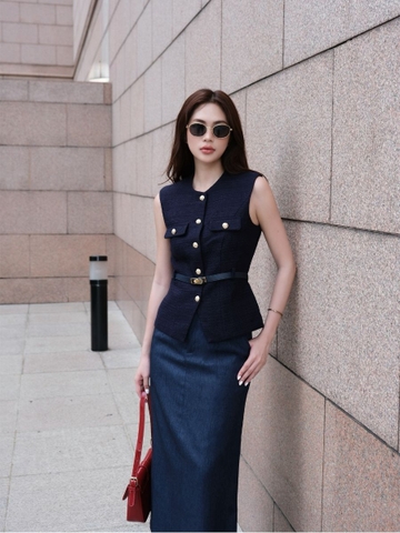Áo tweed cộc tay kèm thắt lưng WALENTY