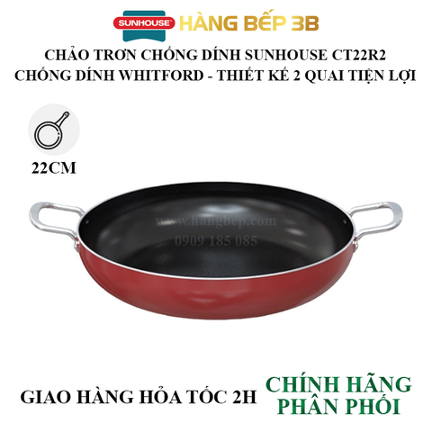 Chảo chiên chống dính 2 quai Sunhouse CT22R2 - Không sử dụng bếp từ