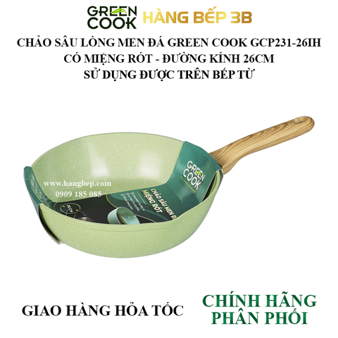 Chảo sâu lòng men đá Green Cook 26cm GCP231-26IH có miệng rót