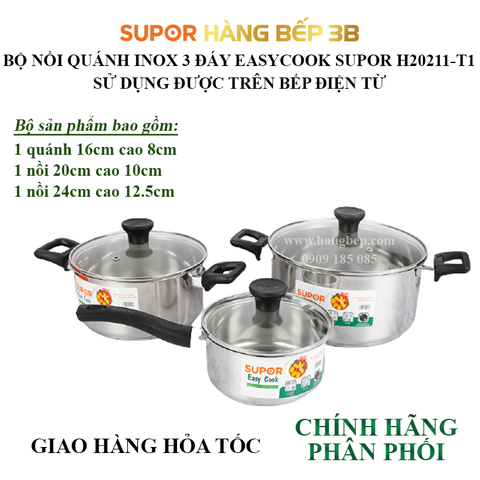 Bộ nồi quánh inox nắp kính Easycook Supor H20211-T1