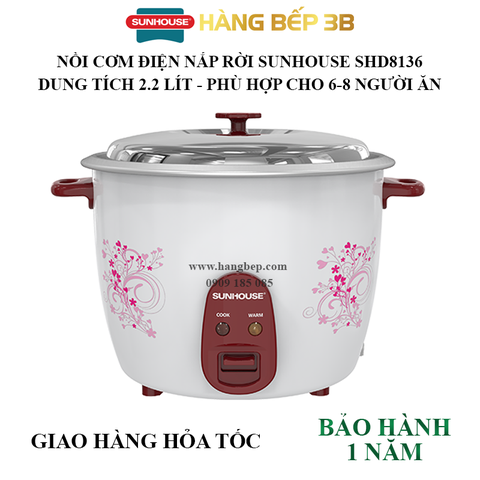 Nồi cơm điện nắp rời Sunhouse 2.2 lít SHD8136
